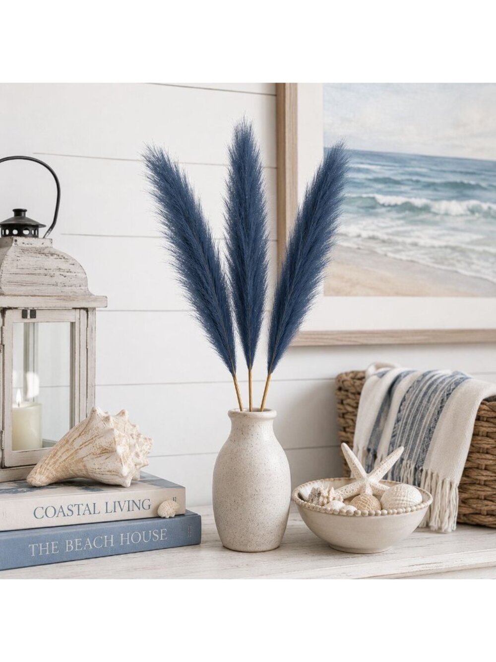 Dusty Navy Blue Faux Pampas Grass Bundle | 3 Artificial Pampas Stems | 20 Inch B - Picture 3 of 8